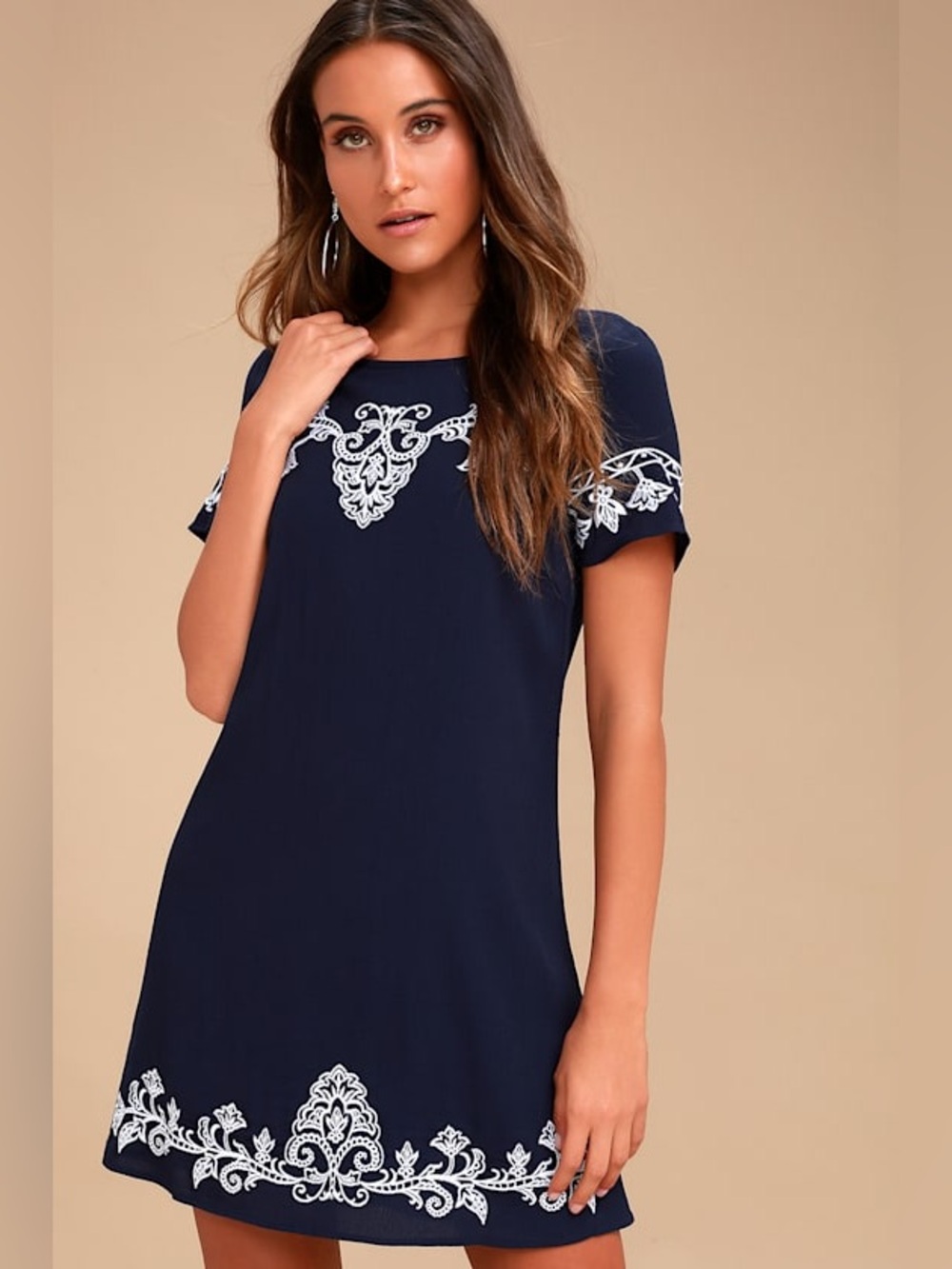 Lulus Tale to Tell Navy Blue White Embroidered Shift Mini Dress Summer